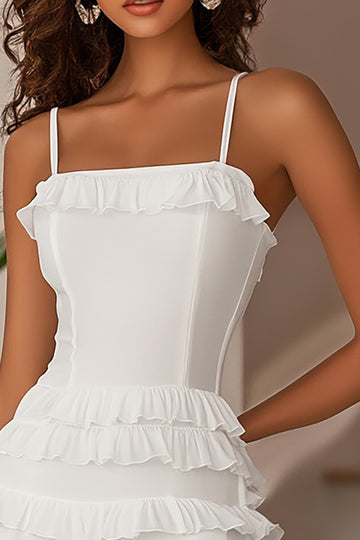 White Ruffled Spaghetti Straps Graduation Dress